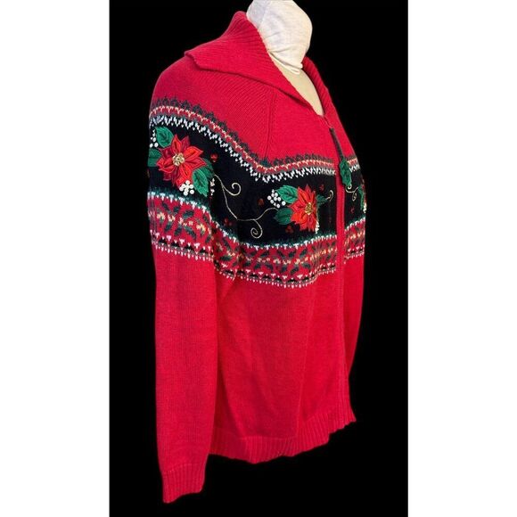 Dress Barn Holiday Cardigan Full Zip Embroidery Poinsettias Plus 1X Vtg - Picture 4 of 15